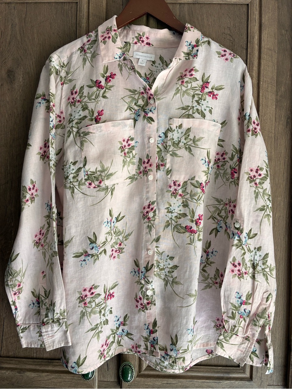 100% Linen Floral Charter Club Button Down Blouse Size XL